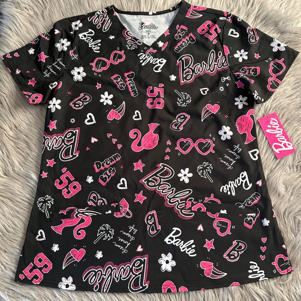 Barbie Scrub Top Womens Size Medium Black Pink Short Sleeve Work Shirt